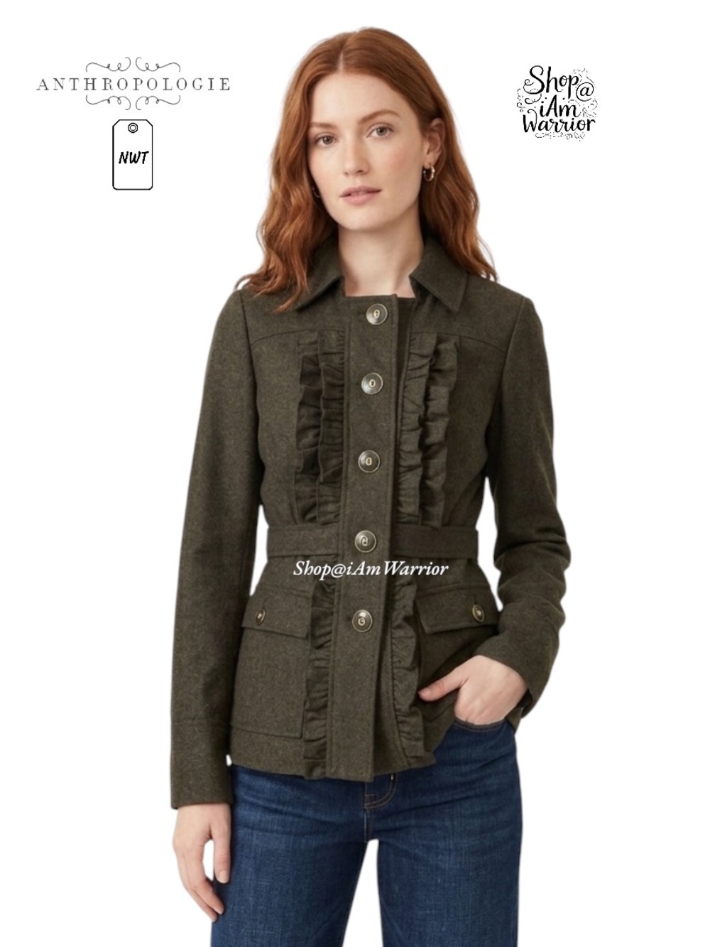 Anthropologie NWT dark avocado wool blend ruffle blazer/jacket *shop@iamwarrior